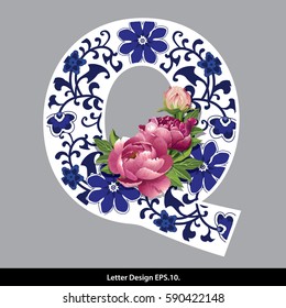 Vector of Peony flower on  Oriental Chinese porcelain style in alphabet tape Q shape. Traditional Chinese style.