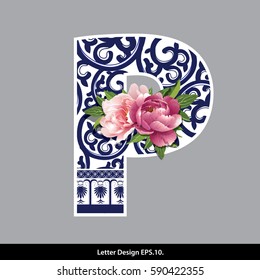 Vector of Peony flower on  Oriental Chinese porcelain style in alphabet tape P shape. Traditional Chinese style.