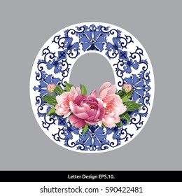 Vector of Peony flower on  Oriental Chinese porcelain style in alphabet tape O shape. Traditional Chinese style.