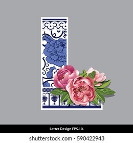 Vector of Peony flower on  Oriental Chinese porcelain style in alphabet tape L shape. Traditional Chinese style.