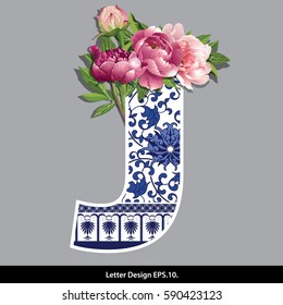 Vector of Peony flower on  Oriental Chinese porcelain style in alphabet tape J shape. Traditional Chinese style.