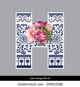 Vector of Peony flower on  Oriental Chinese porcelain style in alphabet tape H shape. Traditional Chinese style.
