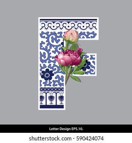 Vector of Peony flower on  Oriental Chinese porcelain style in alphabet tape F shape. Traditional Chinese style.