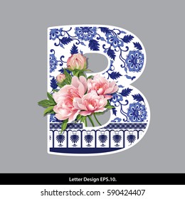 Vector of Peony flower on  Oriental Chinese porcelain style in alphabet tape B shape. Traditional Chinese style.