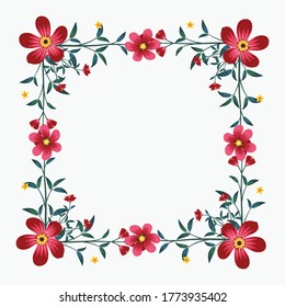 Vector peony flower square shape frame drawing, Red and pink floral wreath ivy style with branch and leaves.