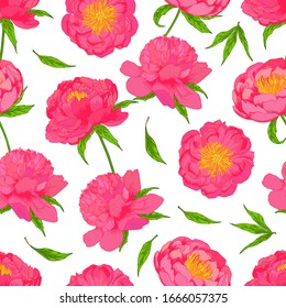 Vector peony flowers set with leaves and buds seamless pattern 