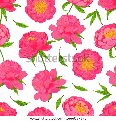 Vector peony flowers set with leaves and buds seamless pattern 