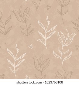 Vector Peony Leaves in Beiges on Textured Background seamless pattern background.