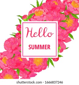 Vector peony plowers pink background. Colorful template with lettering
