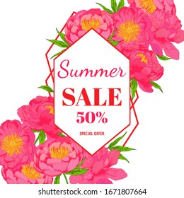 Vector peony plowers pink background. Colorful template with lettering. Summer sale offer template