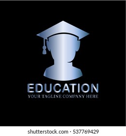 Vector People Academic Hat or Gown Icon Logo Blue Steel Isolated Dark or Black Background