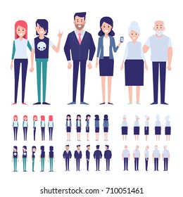 Vector people for animation. Flat vector style. Front, side, back view characters. 