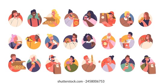 Vector People Avatars. Cheerful Characters Within Round Icons Interacting With Various Edibles Including Pizza, Burgers