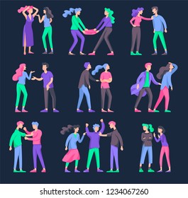 Vector people in bad emotions, character in conflict, angry or tired and in stress. Aggressive people yell at each other. Colorful flat concept illustration.