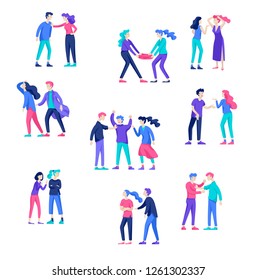 Vector people in bad emotions, character in conflict, angry or tired and in stress. Aggressive people yell at each other. Colorful flat concept illustration.