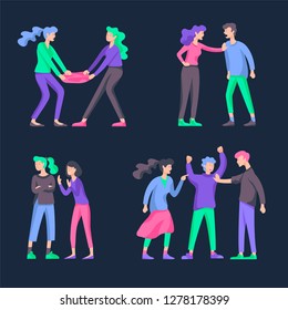 Vector people in bad emotions, character in conflict, angry or tired and in stress. Aggressive people yell at each other. Colorful flat concept illustration.