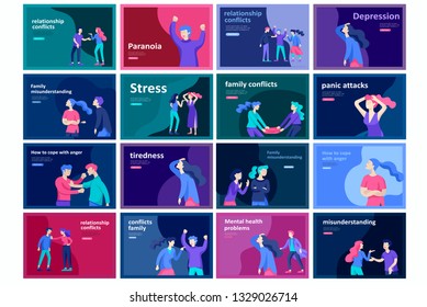 Vector people in bad emotions, character in conflict, angry or tired and in stress. Aggressive people yell at each other. Colorful flat concept illustration.