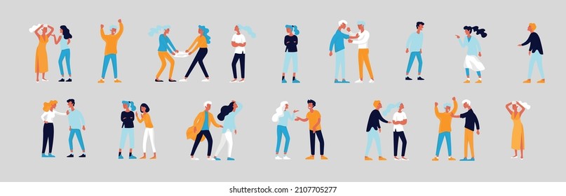 Vectores con malas emociones, personajes en conflicto, enojados o cansados y en estrés.
