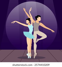 Vector people. Ballet couple. A beautiful ballet couple dances classical ballet on stage. Vector