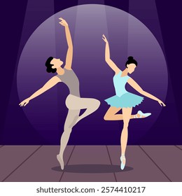 Vector people. Ballet couple. A cute ballet couple dances ballet on stage. Vector