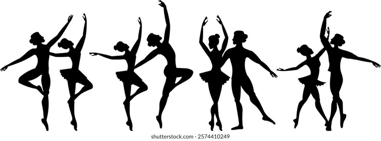 Vector people. Ballet couple. Ballet dancers icon. Dancing couple silhouette set.  A man and a woman are dancing ballet.Vector illustration isolated