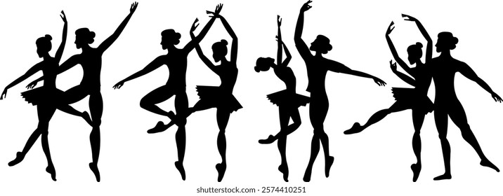 Vector people. Ballet couple. Ballet dancers icon. Dancing couple silhouette set. A ballet couple dances classical ballet beautifully.   Vector illustration isolated 