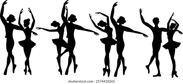 Vector people. Ballet couple. Ballet dancers icon. Dancing couple silhouette set.  A beautiful ballet couple dances classical ballet. Vector illustration isolated