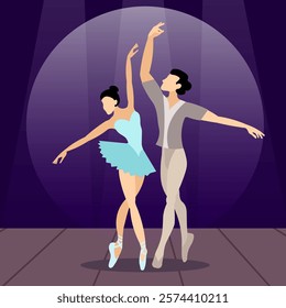 Vector people. Ballet couple. A ballet couple dances ballet on stage. Vector