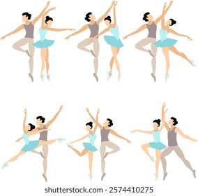 Vector people.  Ballet couple. Set of ballet couples. A graceful man and woman dance classical ballet. Vector illustration isolated