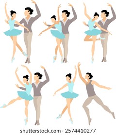 Vector people. Ballet couple. Set of ballet couples. A graceful man and woman dance ballet. Vector illustration isolated