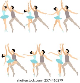 Vector people.  Ballet couple. Set of ballet couples. An adult man and woman are dancing ballet. Vector illustration isolated