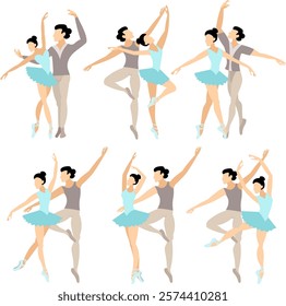 Vector people.  Ballet couple. Set of ballet couples. An adult man and woman dance classical ballet. Vector illustration isolated