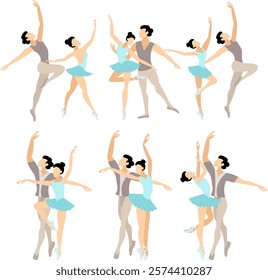 Vector people.  Ballet couple. Set of ballet couples. A man and a woman dance classical ballet. Vector illustration isolated 