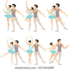 Vector people.  Ballet couple. Set of ballet couples. A ballet couple dances classical ballet beautifully. Vector illustration isolated