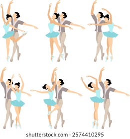 Vector people.  Ballet couple. Set of ballet couples. Beautiful ballet couple dancing ballet. Vector illustration isolated