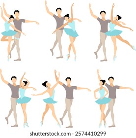 Vector people.  Ballet couple. Set of ballet couples. A beautiful ballet couple dances classical ballet. Vector illustration isolated