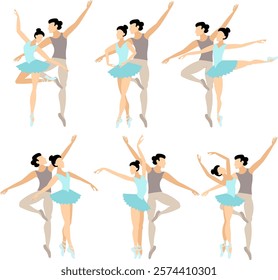 Vector people.  Ballet couple. Set of ballet couples. A cute ballet couple dances classical ballet. Vector illustration isolated 