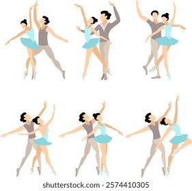 Vector people.  Ballet couple. Set of ballet couples. Cute ballet couple dancing ballet.Vector illustration isolated 