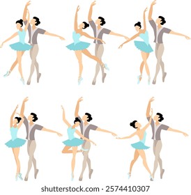 Vector people.  Ballet couple. Set of ballet couples. Beautiful ballet couple dancing ballet.Vector illustration isolated