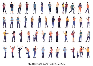 Vector people bundle collection - Set of illustrations with various diverse casual flat design characters in side view doing regular normal day activities and poses