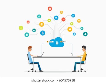 Vector people business communication and working on cloud network concept  and technology cyber cloud  security concept
