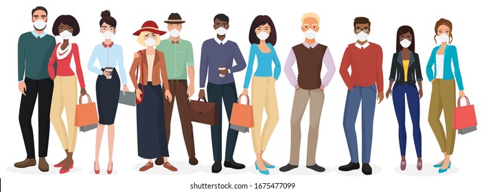 Vector People in casual clothes wearing face masks to prevent disease. Coronavirus in China, Europe and USA. Novel coronavirus 2019-nCoV, COVID-19, SARS-CoV-2. Man woman medical face mask protection