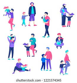 Vector people character. Father and him child spending time together, happy male parent. Colorful flat concept illustration.