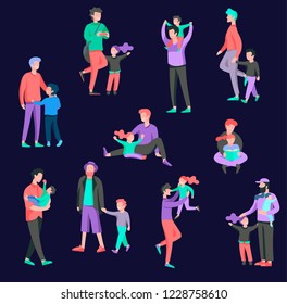 Vector people character. Father and him child spending time together, happy male parent. Colorful flat concept illustration.