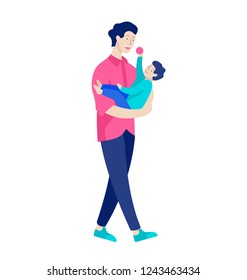 Vector people character. Father and him child spending time together, happy male parent. Colorful flat concept illustration.