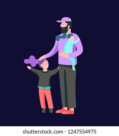 Vector people character. Father and him child spending time together, happy male parent. Colorful flat concept illustration.