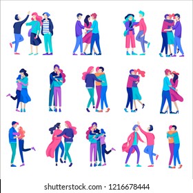 Vector people character. Friends and couple hugging, walking and spend time tygether
