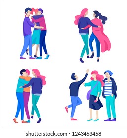 Vector people character. Friends and couple hugging, walking and spend time tygether. Colorful flat concept illustration.
