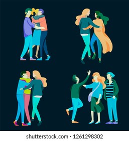 Vector people character. Friends and couple hugging, walking and spend time tygether. Colorful flat concept illustration.
