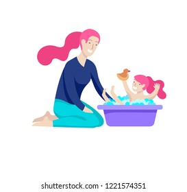 Vector people character. Mother and daughter spending time together. Colorful flat concept illustration.